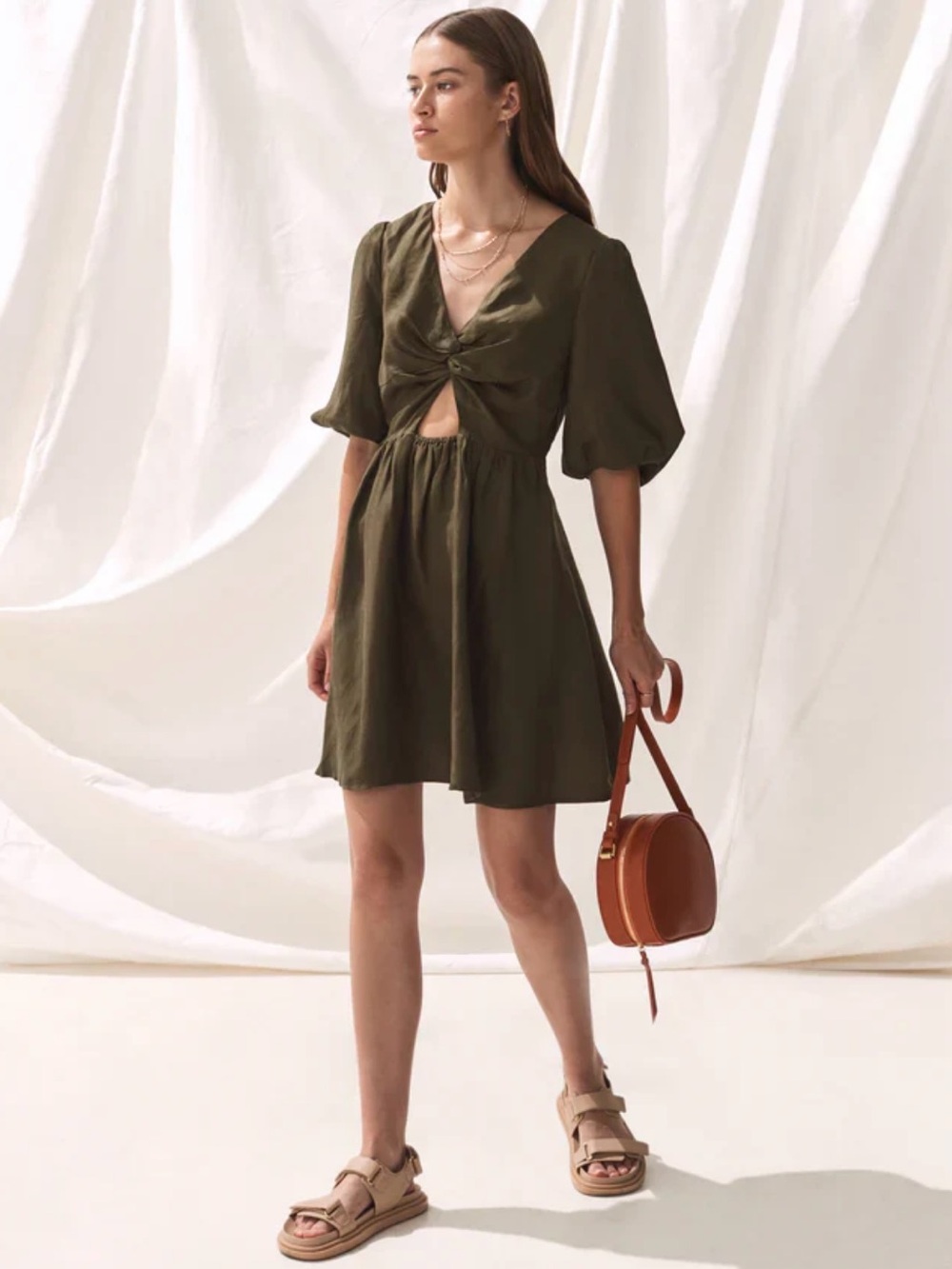 NWT SANCIA The Bria Dress in Moss with Balloon Elbow Sleeves Twist Front, Sz XS